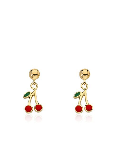 Little Miss Twin Stars Girls Earrings - 14k Gold-Plated Cherries Dangle Earring - Surgical Steel Post for Sensitive Ears