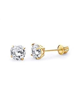 The World Jewelry Center 14k Yellow Gold 5mm Round Solitaire Basket Set Stud Earrings with Screw Back - 12 Different Color Available
