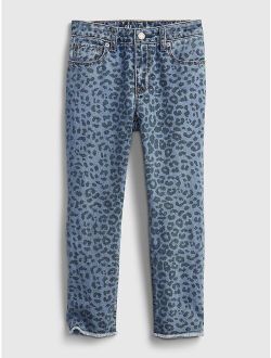 Kids Mid Rise Leopard Print Girlfriend Jeans with Washwell