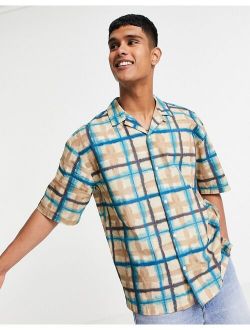 oversize watercolor check shirt in stone and blue