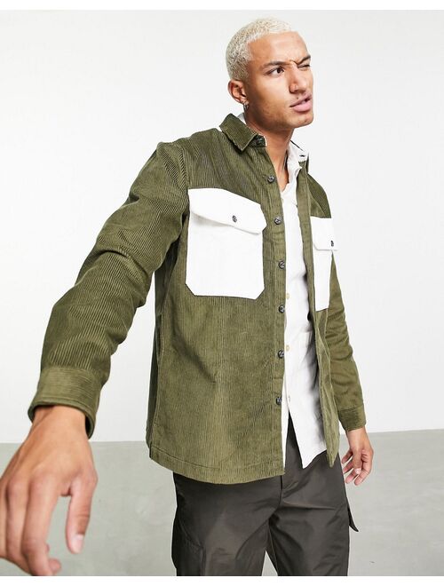 Topman cord overshirt with contrast pockets in khaki