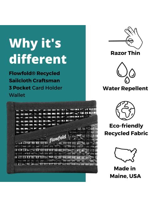 Flowfold Recycled Sailcloth Craftsman 3 Pocket Card Holder Wallet - Front Pocket Wallet, Slim Card Holder & Recycled Sailcloth Wallet Made in USA (Black Sailcloth)