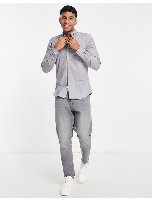 Topman long sleeve stretch skinny oxford shirt in gray