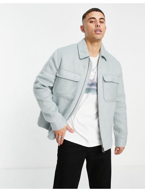 Topman brushed shacket in light blue wool mix