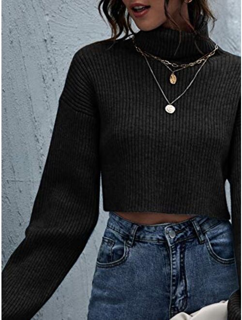 Floerns Women's Turtle Neck Long Sleeve Knitted Pullover Sweater Crop Tops