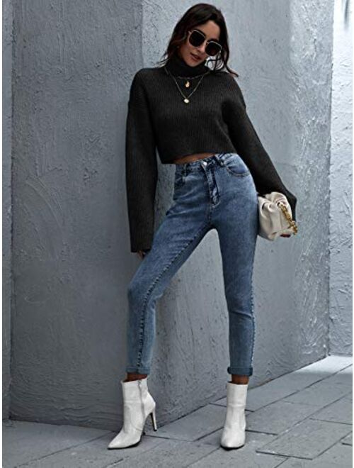 Floerns Women's Turtle Neck Long Sleeve Knitted Pullover Sweater Crop Tops