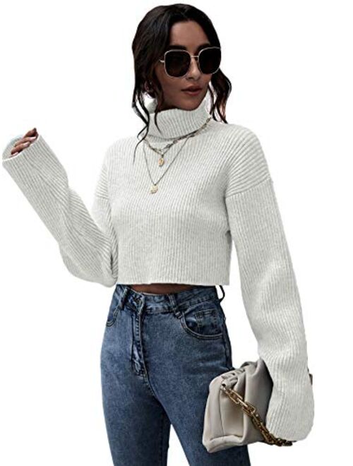 Floerns Women's Turtle Neck Long Sleeve Knitted Pullover Sweater Crop Tops