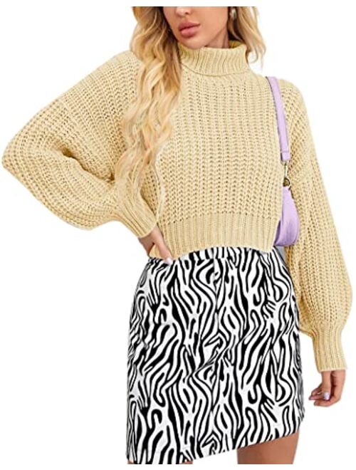 Chigant Women's Turtleneck Knit Sweaters Casual Lantern Long Sleeve Pullover Cropped Cute Jumper Drop Shoulder Top
