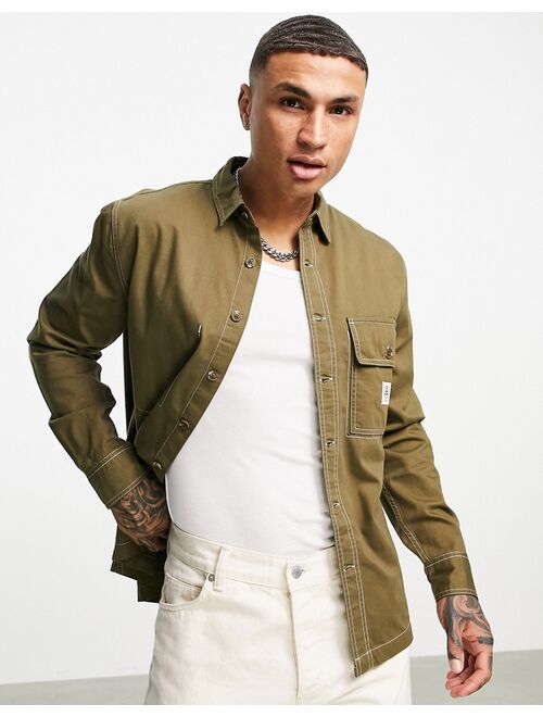 Topman utility shirt with contrast stitching in khaki