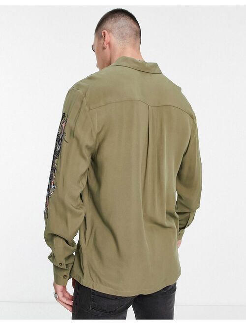 Topman shirt with dragon embroidery in khaki