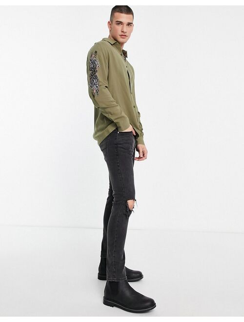 Topman shirt with dragon embroidery in khaki