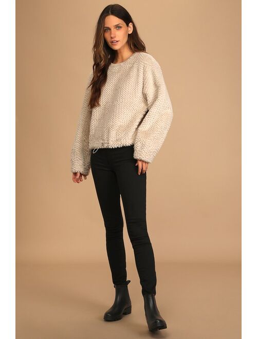 Lulus Feeling So Fuzzy Beige Faux Fur Drawstring Pullover Sweater