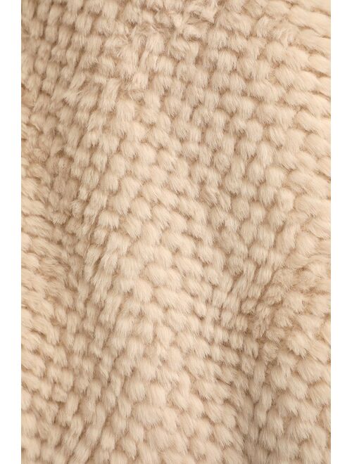 Lulus Feeling So Fuzzy Beige Faux Fur Drawstring Pullover Sweater