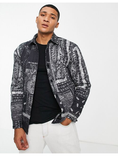 Topman paisley quilted overshirt in black and white