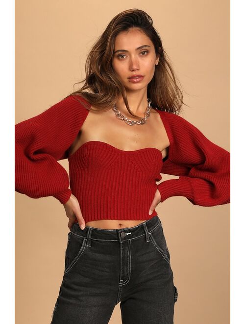 Lulus Twice the Love Wine Red Ribbed Knit Tube Top and Shrug Set