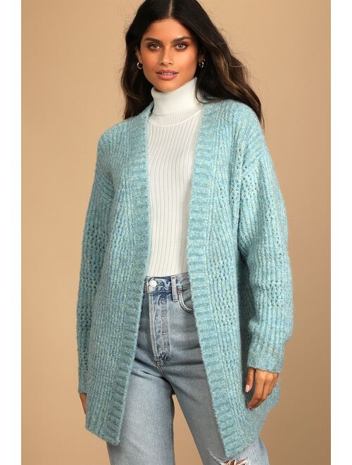 Lulus Let's Stay Home Teal Blue Open Knit Cardigan