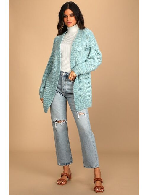 Lulus Let's Stay Home Teal Blue Open Knit Cardigan