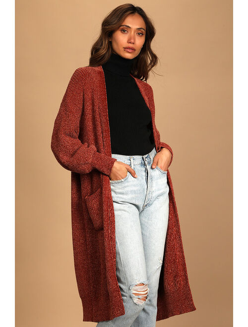 Lulus Pick Your Pumpkin Rust Brown Chenille Knit Long Cardigan Sweater