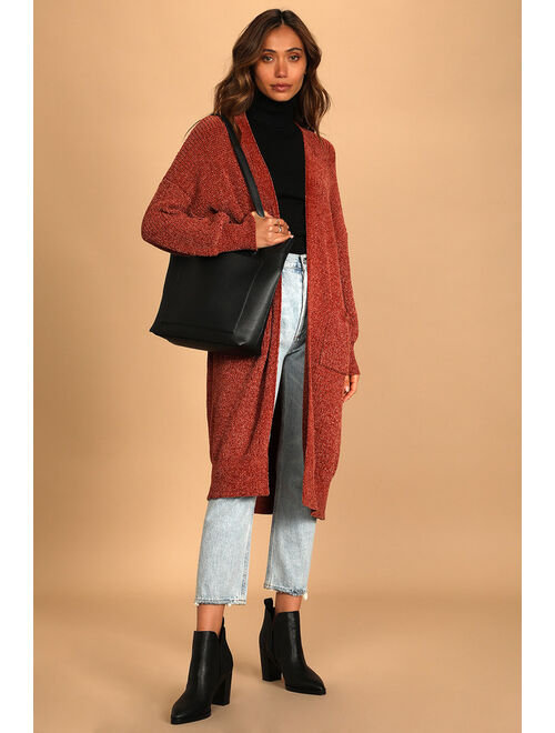 Lulus Pick Your Pumpkin Rust Brown Chenille Knit Long Cardigan Sweater