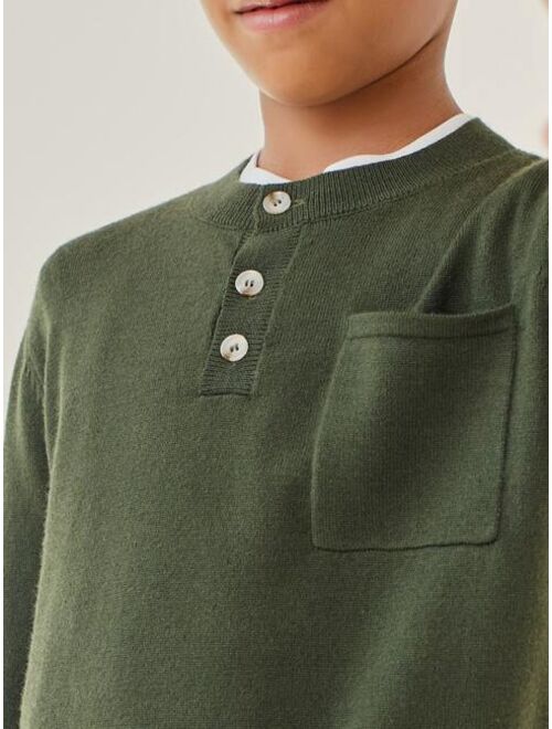 SHEIN BASICS Boys  Button Half Placket Patch Pocket Sweater