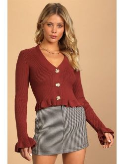 Favorite Frills Brown Button-Front Ruffled Cardigan Sweater