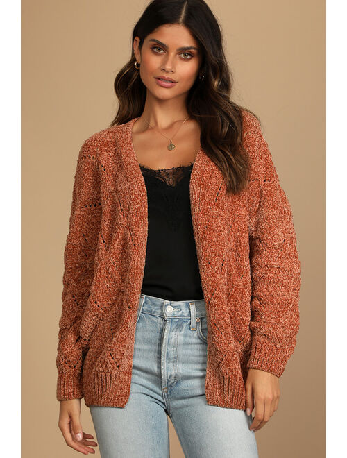 Lulus Brisk Mornings Brown Chenille Cable Knit Cardigan Sweater