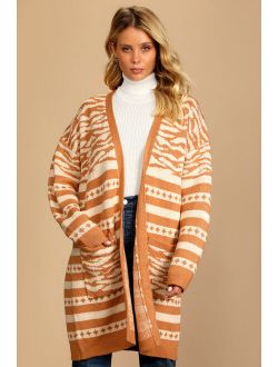 Just a Warm Up Tan and Cream Multi Print Cardigan Sweater