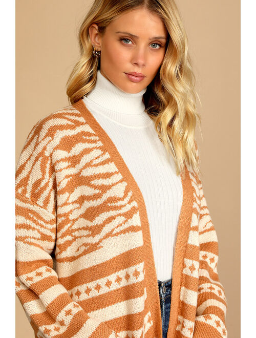 Lulus Just a Warm Up Tan and Cream Multi Print Cardigan Sweater