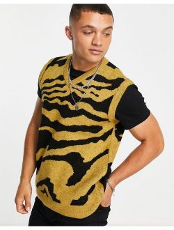 knitted animal print vest in mustard