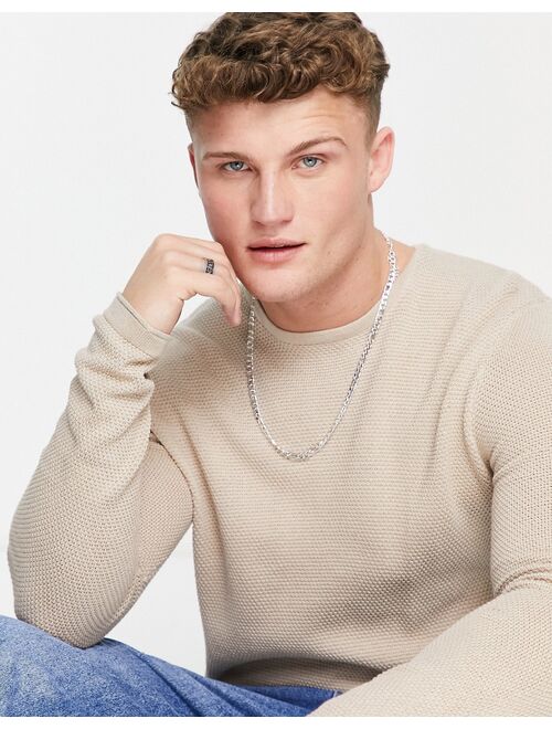 Only & Sons textured jumper crew neck long sleeve pullover in beige
