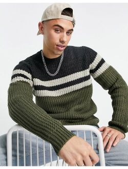 textured sweater with chest stripe in khaki and navy