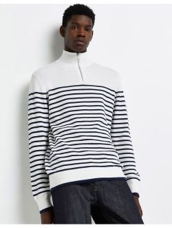 knit half zip stripe sweater in white & navy