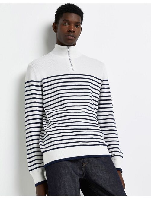 River Island knit half zip stripe sweater in white & navy