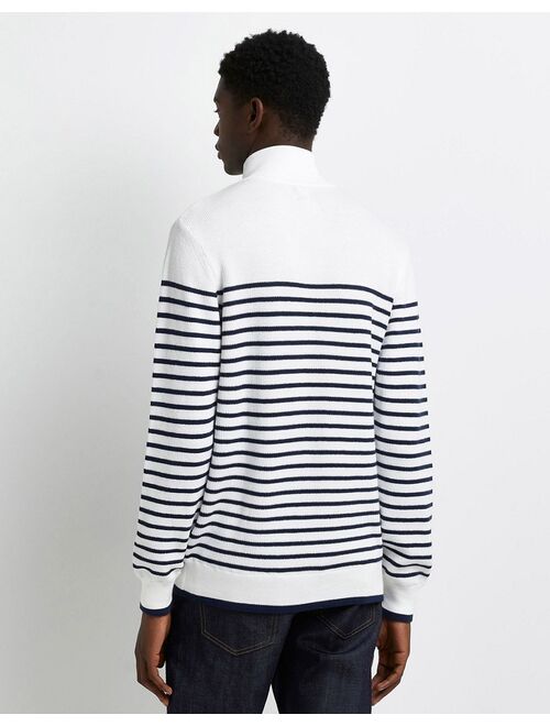River Island knit half zip stripe sweater in white & navy