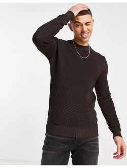 long sleeve waffle crew sweater in brown