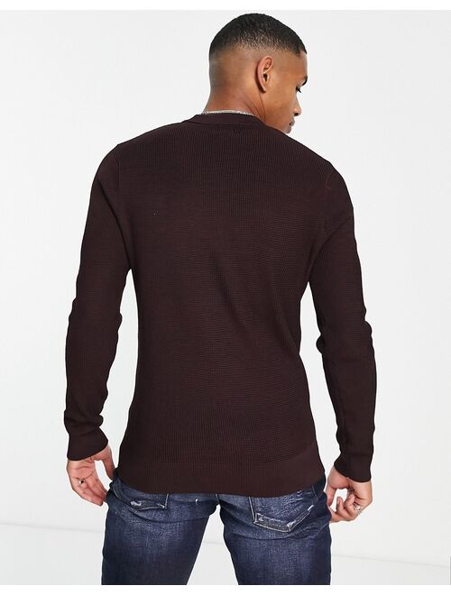 River Island knitted waffle long sleeve pullover sweater in burgundy