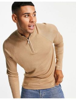 knitted half zip sweater in stone