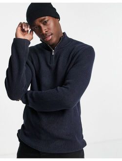 knitted fisherman sweater with funnel neck in navy
