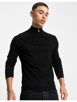 knitted high neck half zip sweater in black