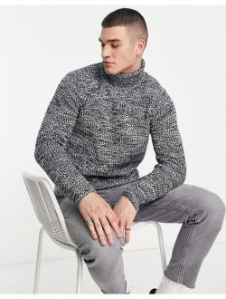 knitted waffle sweater with roll neck in gray and white