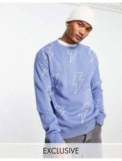 lightning print oversized sweater in blue
