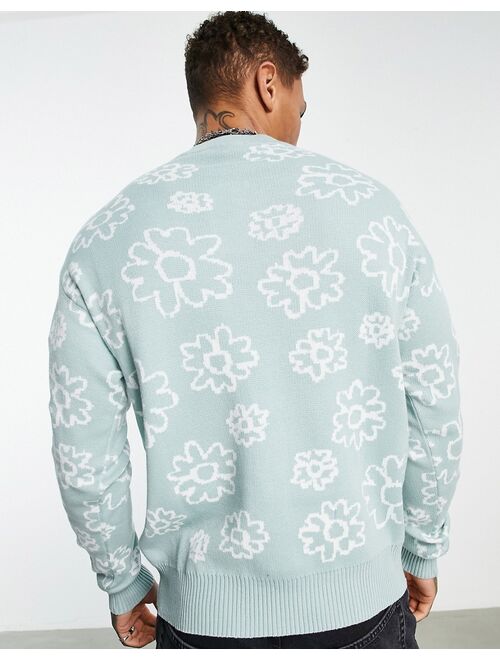 Bershka flower print oversized sweater in sage