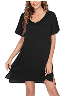 Women's Satin Nightgowns V Neck Side Split Sleepshirt Short Sleeves Sleepwear Chest Pocket Nightshirt S-XXL