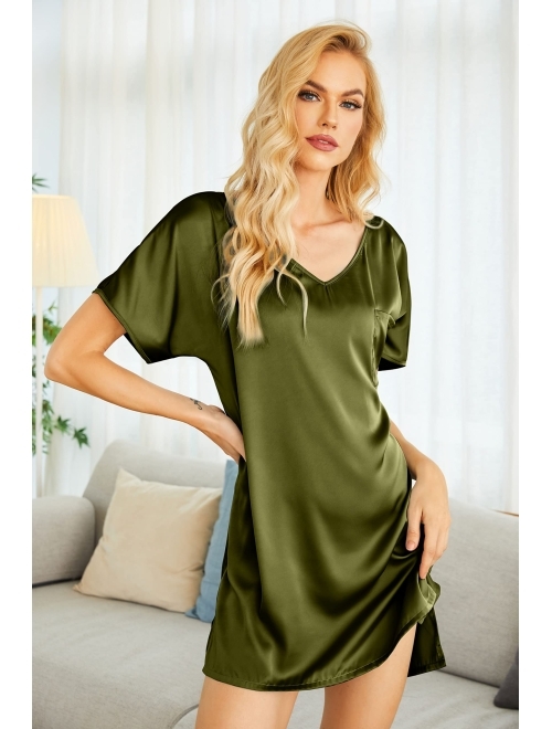 Ekouaer Women's Satin Nightgowns V Neck Side Split Sleepshirt Short Sleeves Sleepwear Chest Pocket Nightshirt S-XXL