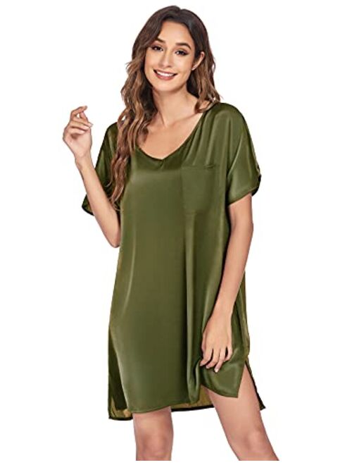 Ekouaer Women's Satin Nightgowns V Neck Side Split Sleepshirt Short Sleeves Sleepwear Chest Pocket Nightshirt S-XXL