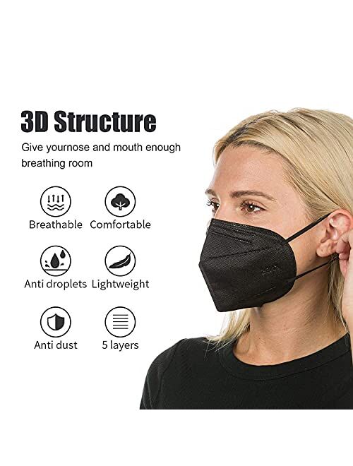 Lement 100pcs KN95 Face Mask Black Filter Breathable Masks 5 Layer Design Cup Dust Safety Masks