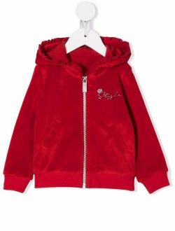 Lapin House Velour ruffled-hooded zip-up jumper