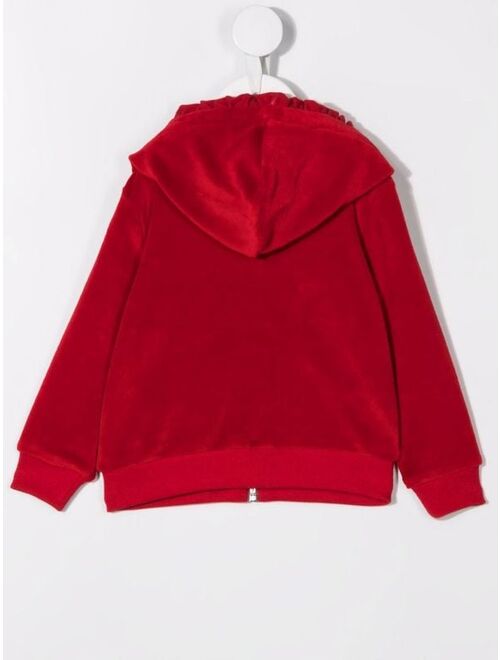 Lapin House Velour ruffled-hooded zip-up jumper