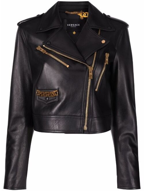 Versace logo-lining cropped biker jacket