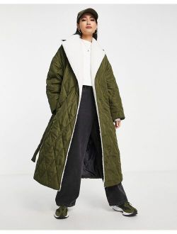 quilted sherpa trim trench coat in khaki